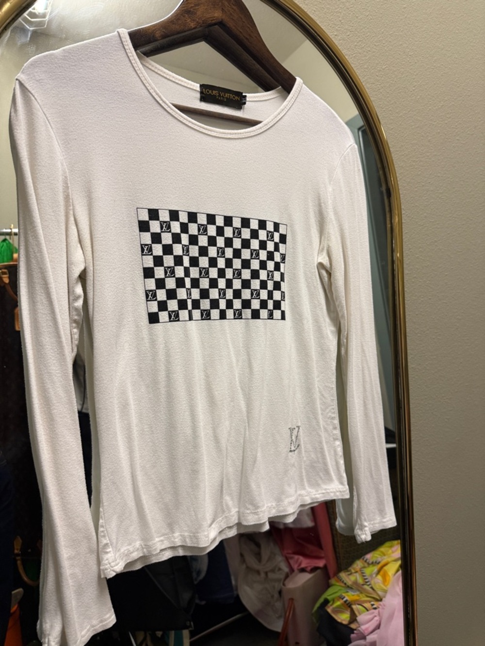 Louis Vuitton White Long-Sleeve Checkerboard Graphic Top